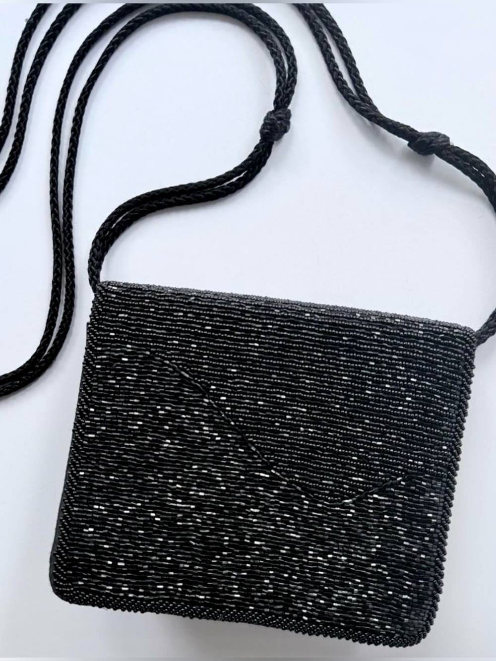 Vintage 1990s Diane Von Furstenberg Beaded Black Satin Evening Crossbody Bag
